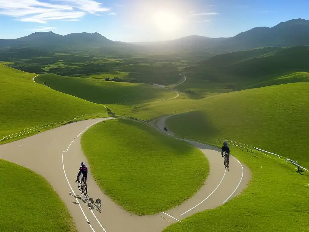 A drawn illustration of a cyclist riding up a hill with a smile on their face and the sun shining in the background.