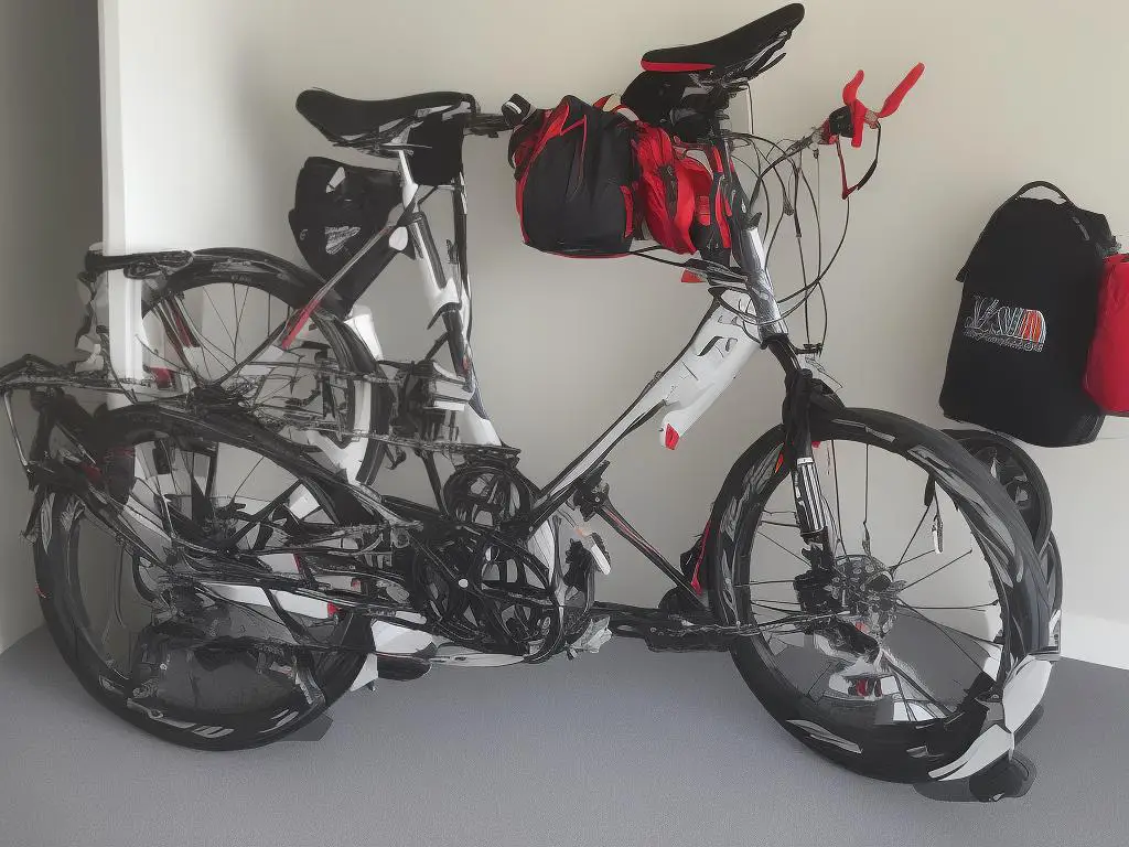 A folded folding bike stored in a closet with a hanger and storage bin