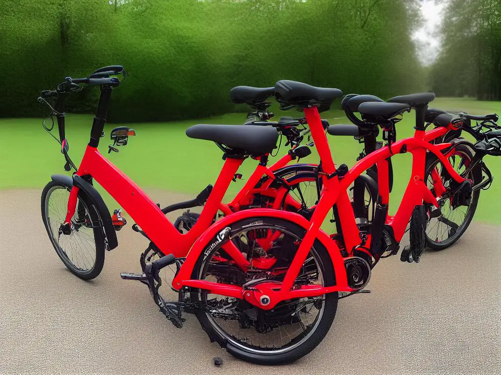 A red folding bike with black handles, pedal and seat. It's folded and standing in a park.