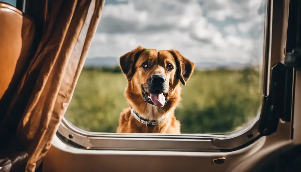 Image of a dog in an RV, visually impaired description: A dog sitting inside a recreational vehicle, looking out of the window with an anxious expression.