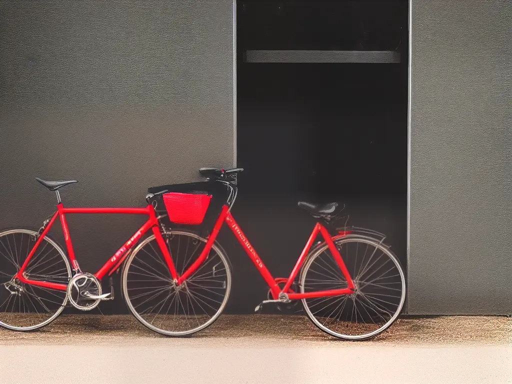 A bicycle leaning against a wall with a red helmet hanging from the handlebars.
