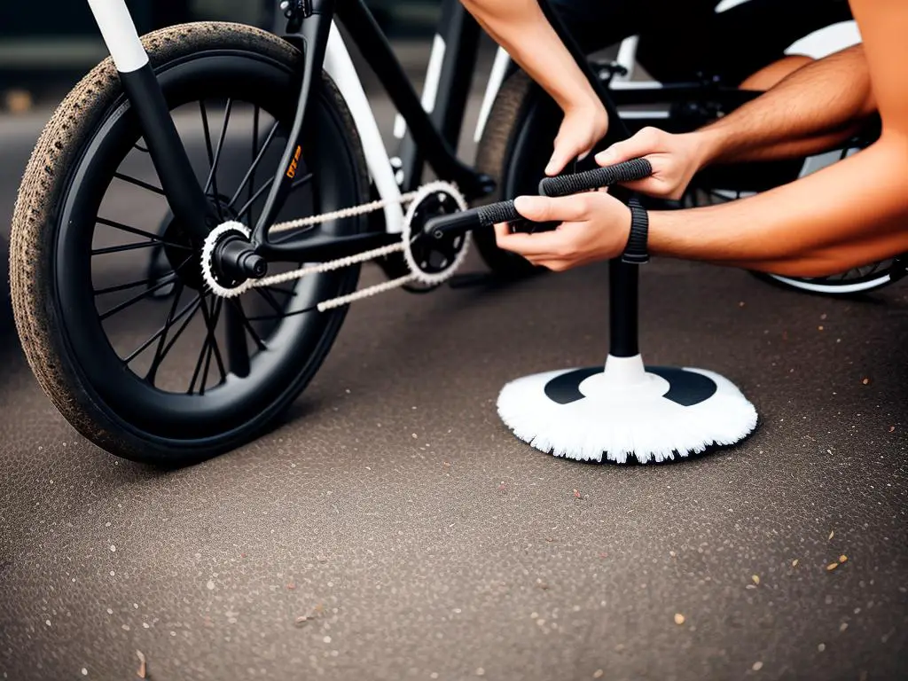 A person cleaning a bicycle tire with a brush, ensuring proper maintenance of the bike.