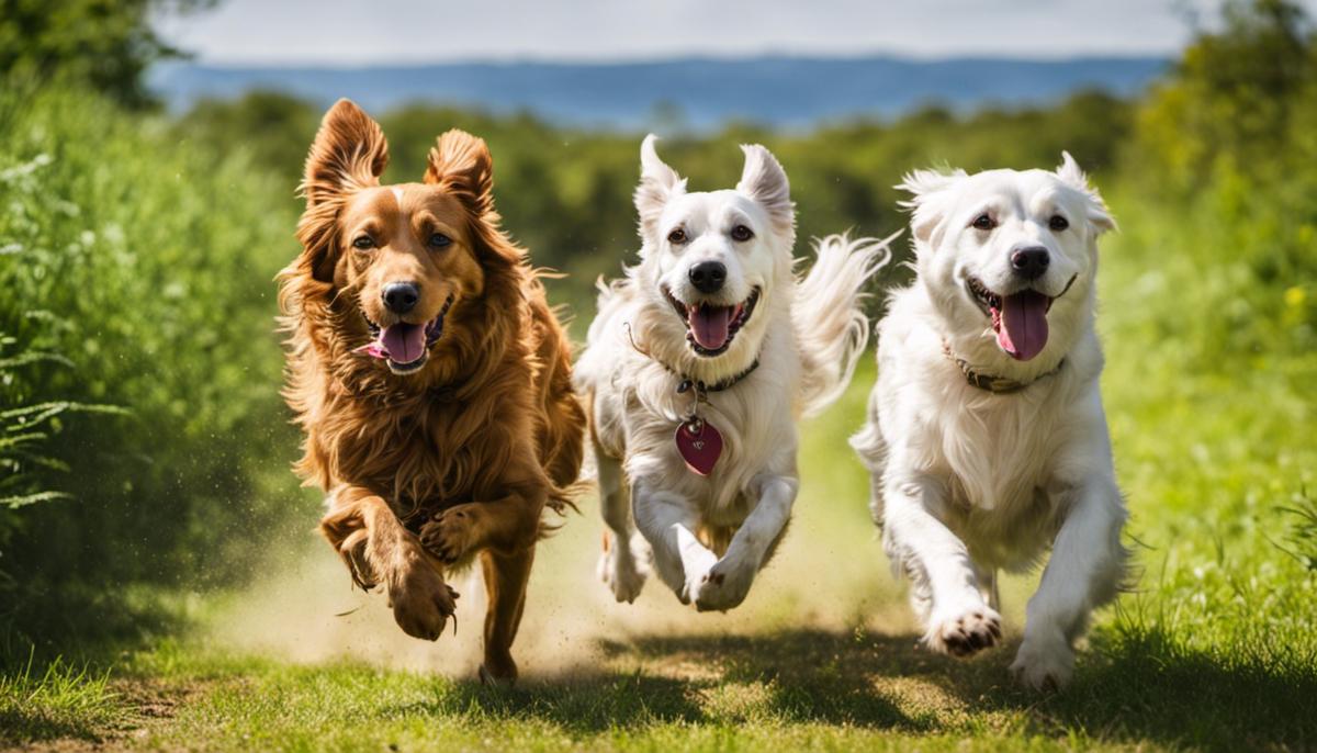 A group of happy dogs running and playing in a scenic holiday park