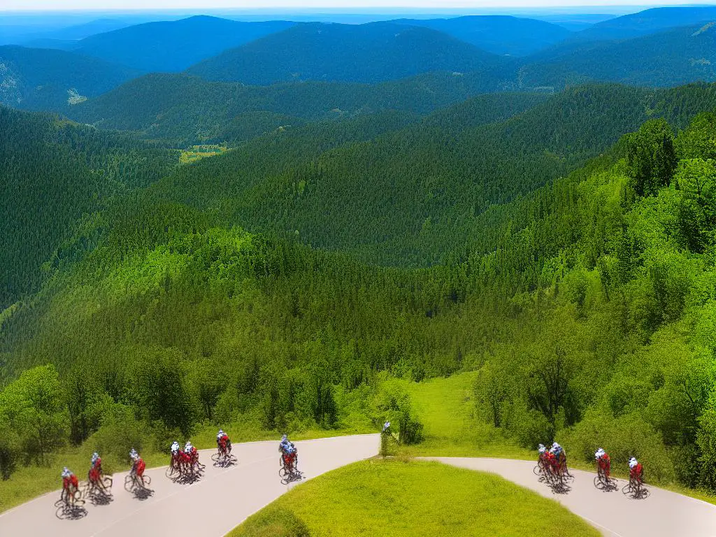 A group of cyclists riding their bikes on a scenic road in the mountains.
