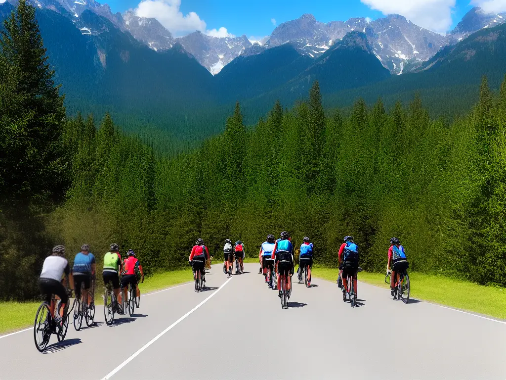 A group of people cycling together on a road with trees on either side and mountains in the background.