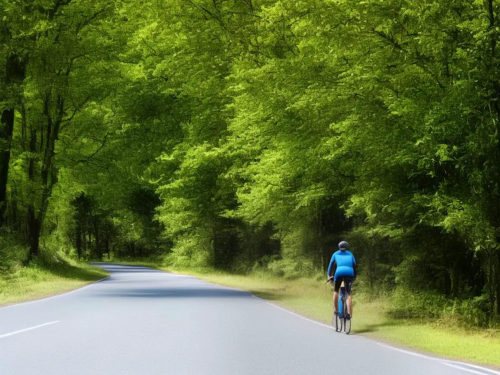 An image of a cyclist riding a bike on a path in the countryside, surrounded by trees and blue skies.