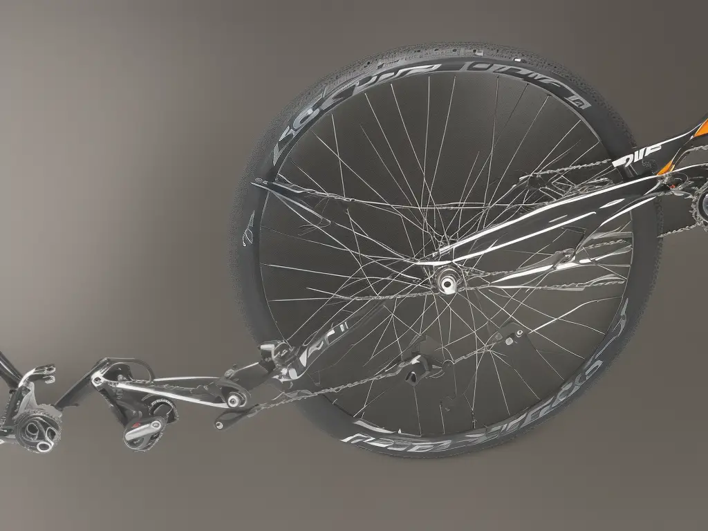 An illustration of a bike with its components highlighted, showing the frame, wheels, tires, brake system, chain, cassette, chainrings, and derailleurs.