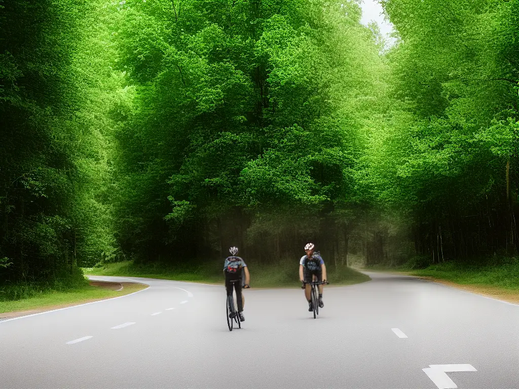 A person on a bike, wearing a helmet and cycling gear, riding on a road lined with trees.