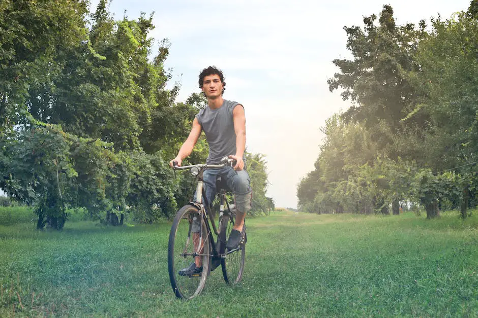 A person riding a bike on a path in a park with green trees and grass in the background.