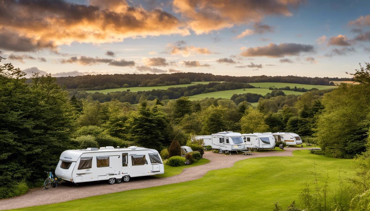 A peaceful and scenic view of the dog-friendly caravan park nestled amidst the beauty of Woodbury Common in Devon.