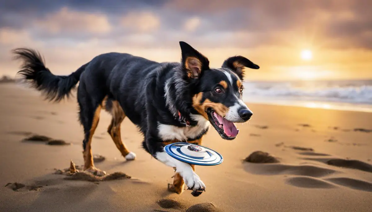 Image of a happy dog on a beach playing with a Frisbee.
