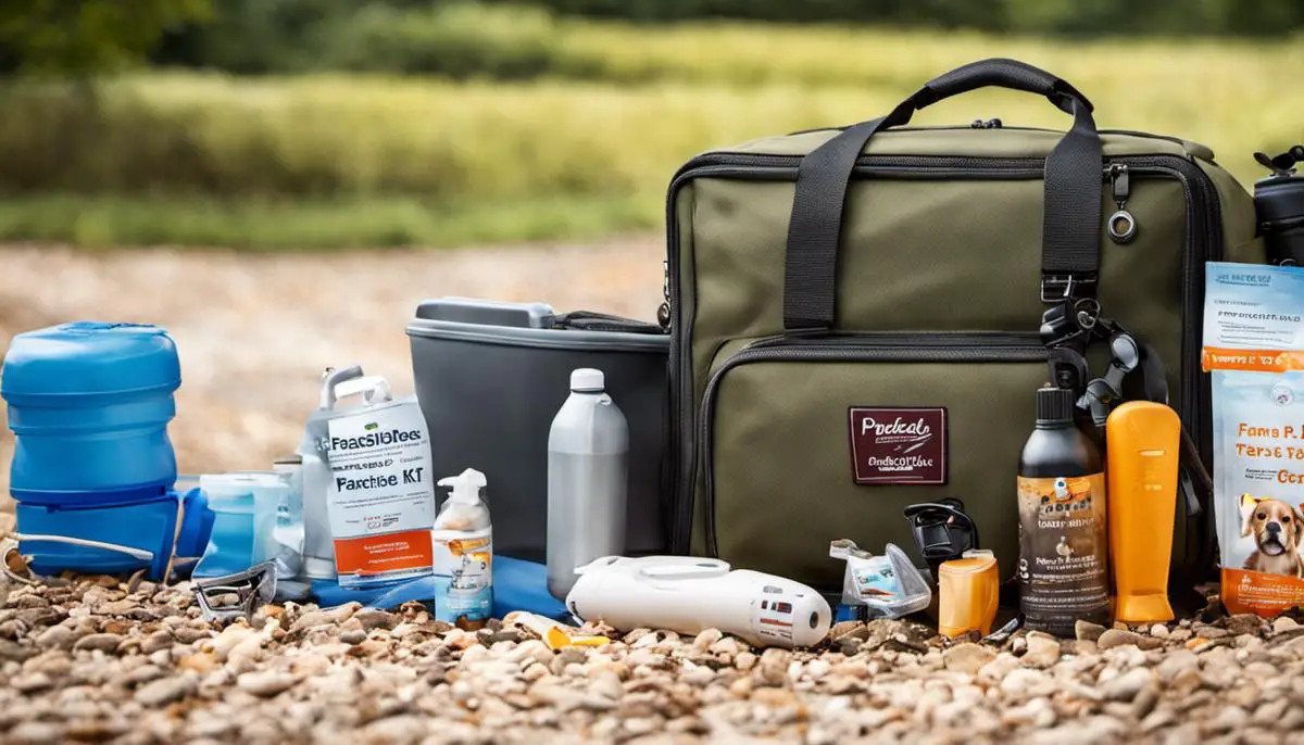 A checklist with dog travel essentials including food, water, first aid kit, parasite prevention, weather protection, familiar toys, waste disposal methods, leash, and wireless fence system.