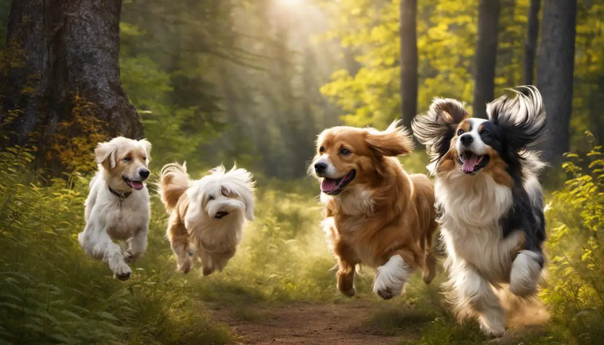 A beautiful view of dogs running and playing in a spacious forest campground surrounded by nature.