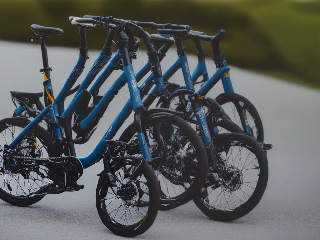 A folded foldable bike and four different logos of foldable bike brands
