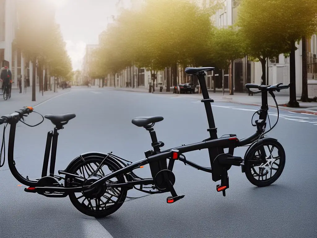 Foldable electric bike parked on the street with a helmet on the handlebars