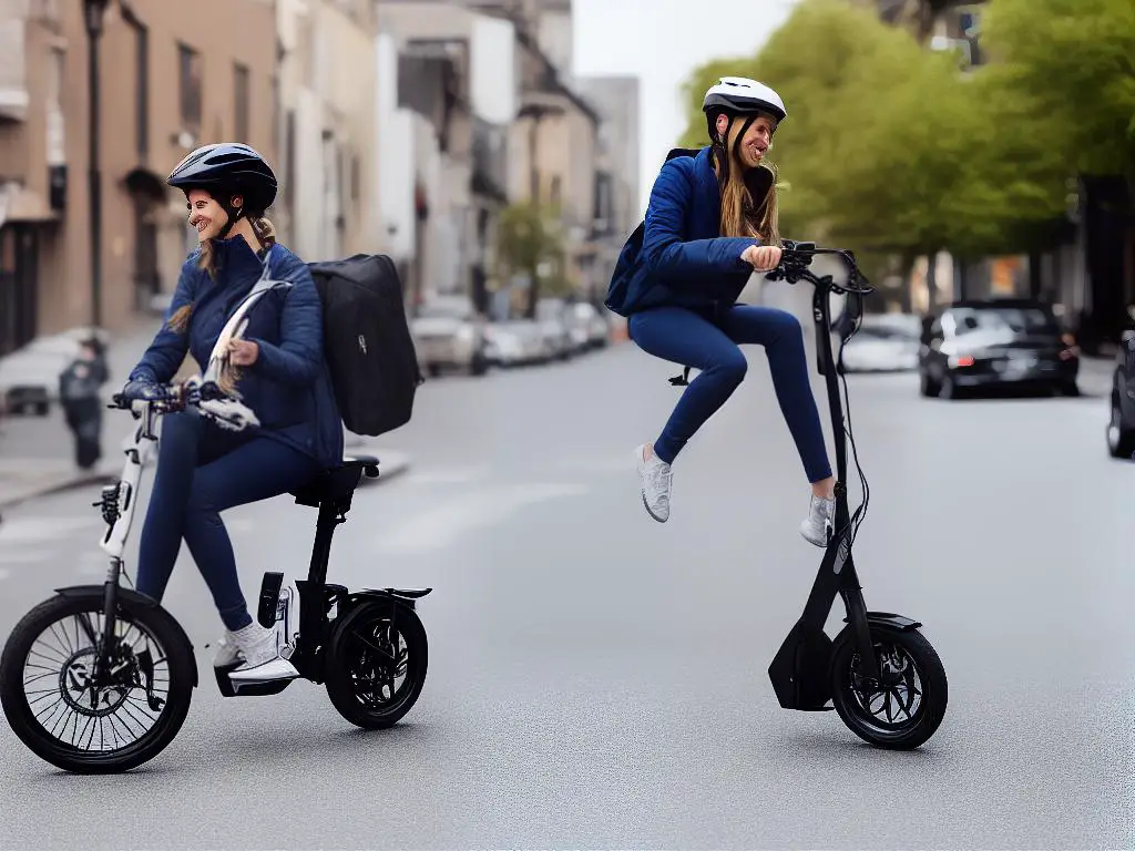 A woman wearing a helmet riding a foldable electric bike in a city street