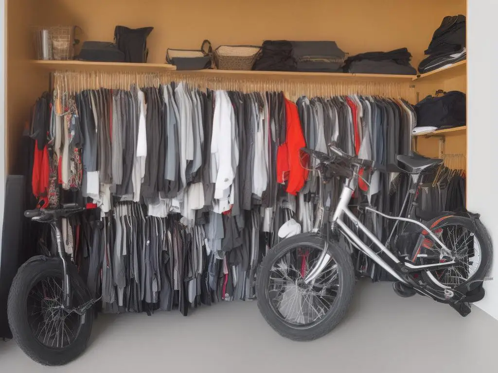 A folded up folding bike stored in a closet next to clothing and other items.