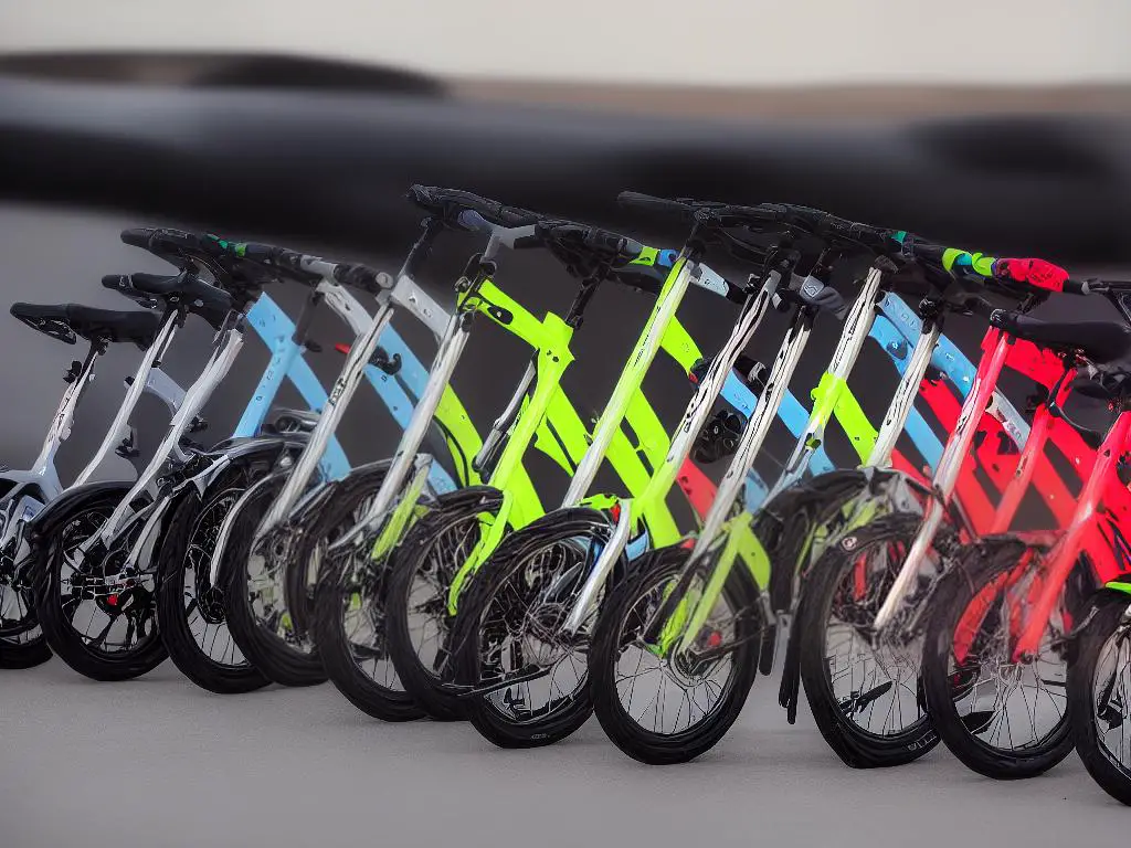 A group of folding bikes in different colors and styles.