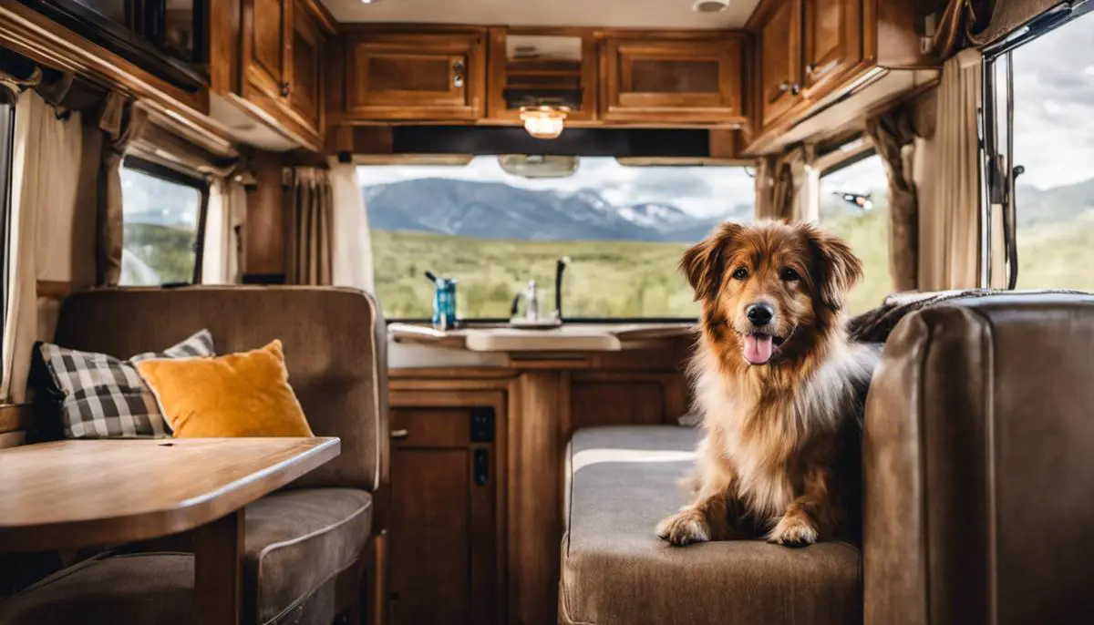 A happy dog sitting inside an RV with its head sticking out of the window, ready for an adventure