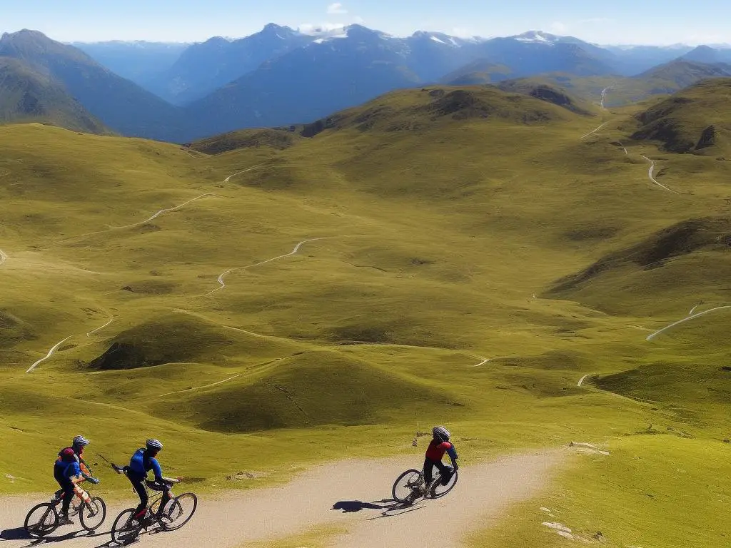 Illustration of two bicycles riding side by side with mountains in the background representing overcoming cycling fears with the support of a community.