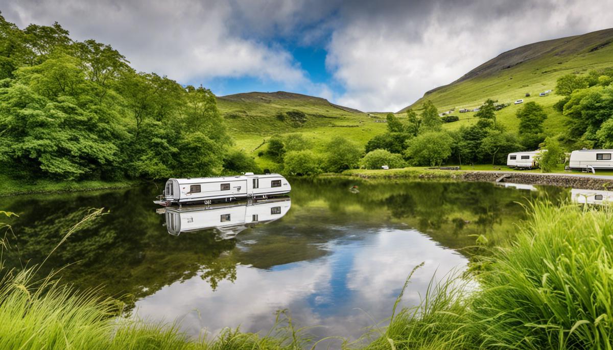 A serene image of Pen-y-Llyn Caravan Site with lush greenery and caravans, providing a perfect getaway for dog-friendly holidays.