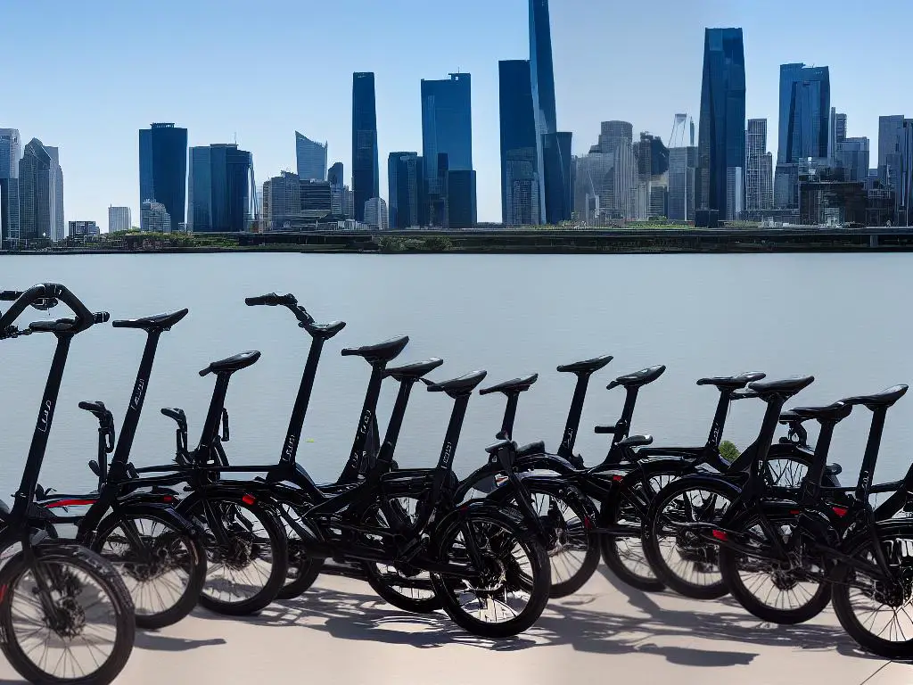 Several different Tern folding bikes with a city skyline in the background