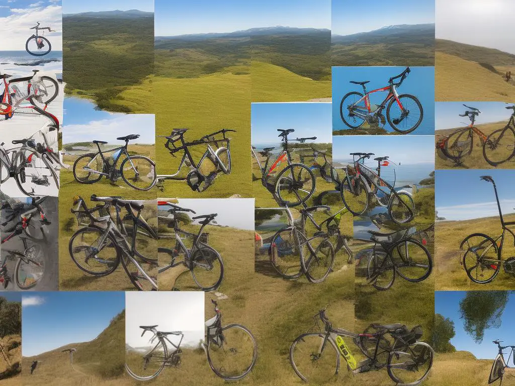 A collage of different types of bikes including a mountain bike, road bike, city bike, and e-bike.